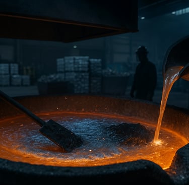 Molten aluminum with a thin salt flux layer while dross is skimmed in a remelt furnace.