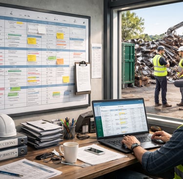 Compliance manager reviewing a recycling yard compliance calendar with scrap operations visible out