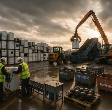 Scrap yard recycling old appliances with workers and machinery at sunset.