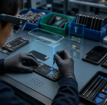 Technician using AR smart glasses to disassemble a smartphone at an electronics recycling workbench.