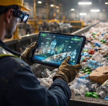 view of an industrial worker using AR on a tablet to identify and sort recyclable materials