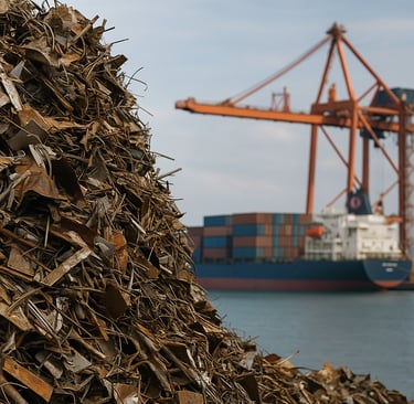 Scrap metal pile with cargo ship and cranes in the background.