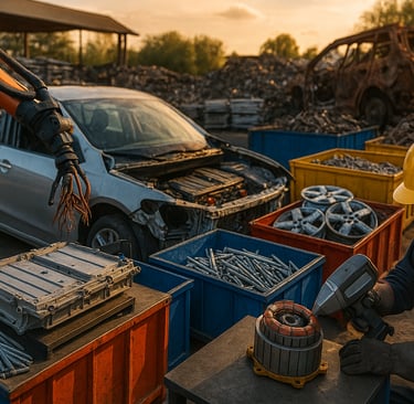 auto dismantling yard with robotic arm, EV parts, and worker analyzing motor at sunset.
