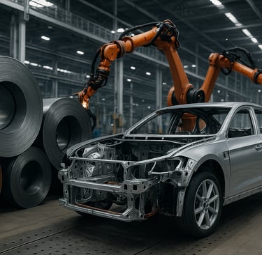 Silver car frame with metal coils and robotic arms in an automotive factory.