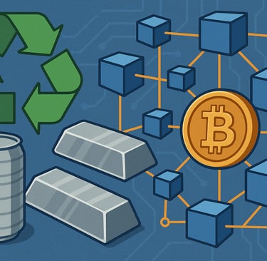blockchain-linked metals recycling network with ingots and digital nodes.