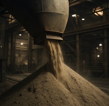 baghouse fines pouring from a steel hopper onto a dust pile in an industrial plant