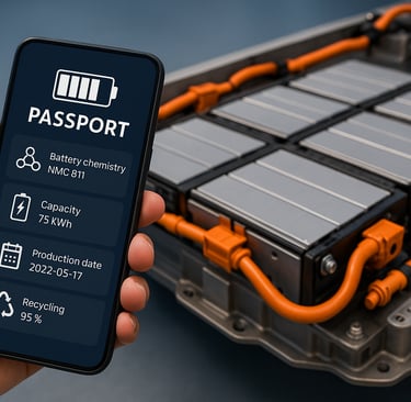 EV battery beside phone displaying its digital passport.