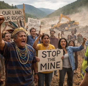 Community members confronting a mining site with raised voices and gestures