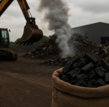Sack of black biochar in a smoky scrap yard with excavator and metal piles.