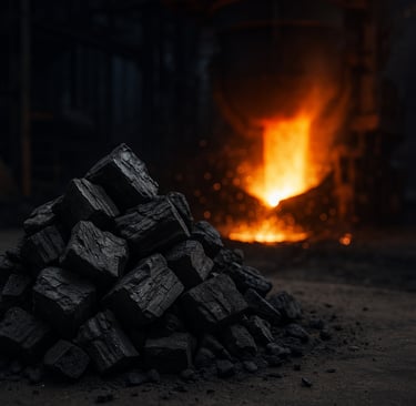 Biochar piled in front of a glowing molten metal furnace.