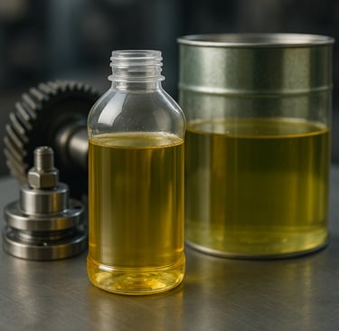 Biodegradable lubricant bottles with gears in the background.