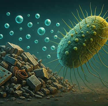 A high-resolution digital illustration of a bacterium interacting with electronic waste, absorbing g
