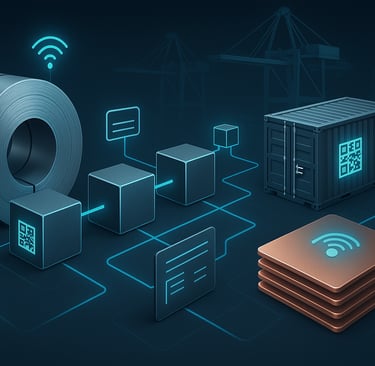 blockchain based metal supply chain with steel coil, copper stack and connected container