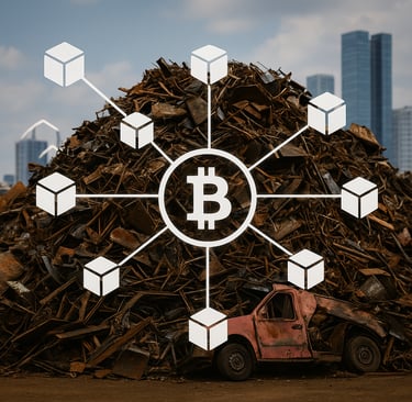 Scrap metal pile with a blockchain network symbol overlay against a city skyline.