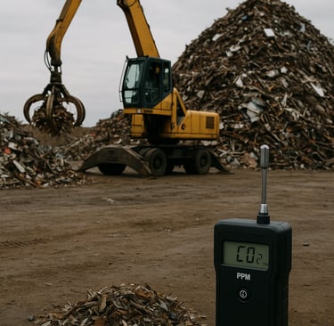 Scrap yard with a yellow material handler lifting metal, carbon emissions monitor in foreground.