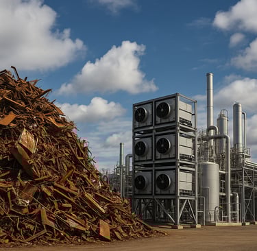 Industrial carbon capture facility beside a large pile of rusted scrap metal under a cloudy sky
