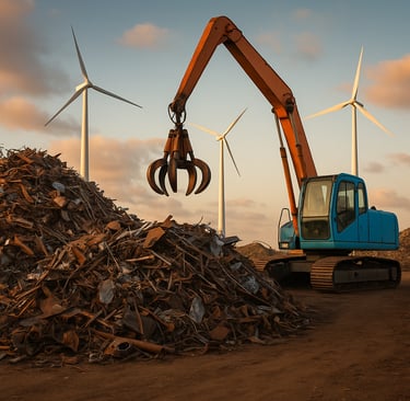 Scrapyard with metal piles, blue excavator, and wind turbines at sunset.