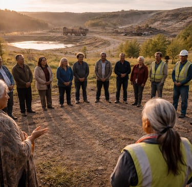 Community members and workers gathered in a circle overlooking a restored industrial site at sunset