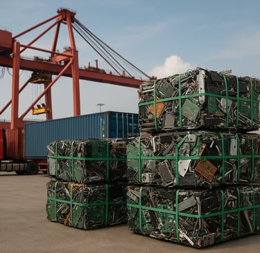 Compressed electronic waste stacks at a shipping port with cranes, containers, and a truck at back