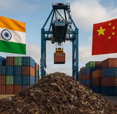 Scrap pile at port with crane and India-China flags.