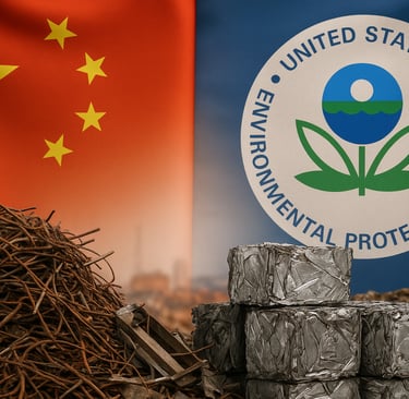Scrap metal pile with Chinese flag and US EPA seal in background.