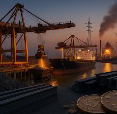 Chinese steel port with scrap bales, cranes, cargo ship, and EAF mill glow at dusk.