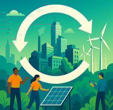 A digital illustration of a sustainable city powered by renewable energy, featuring a circular arrow