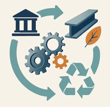 digital illustration representing the circular economy in metals, featuring gears, a steel beam, a l
