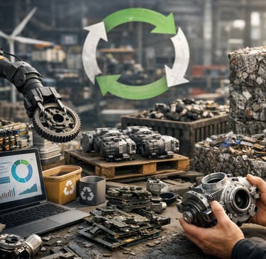 Circular KPIs dashboard beside remanufactured parts and sorted scrap in an industrial facility.