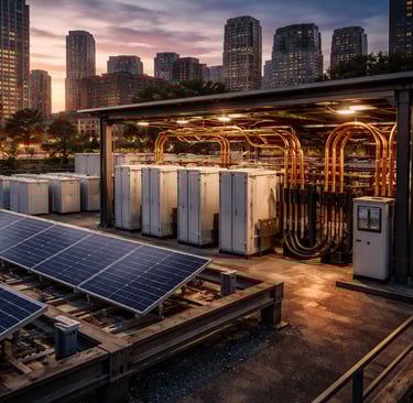 Solar panels and battery microgrid with exposed copper busbars under a metal canopy in urban setting
