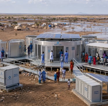 Modular mobile clinic supporting displaced families with solar power and raised walkways.
