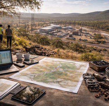 Australian landscape with rail, power infrastructure, and a planning table with maps and metal