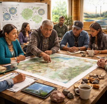 First Nations team reviewing land maps for metals stewardship and circular systems.