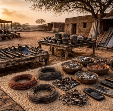 Reused metal tools, scrap parts, and old phones arranged on mats in a Sahel village market at sunset