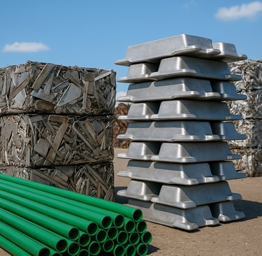 Stacks of green metal pipes, aluminum ingots, and compressed scrap metal bales at a recycling yard 