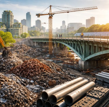 Recycled metal stockpiles beside a city bridge project, showing circular procurement