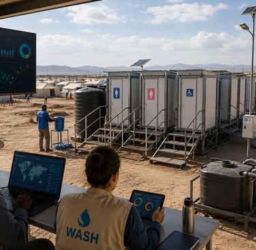 Solar-powered modular toilets with metal frames in a climate migration settlement.