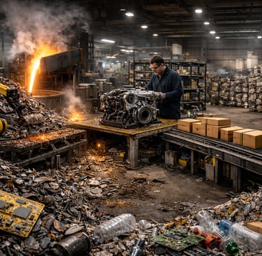 Engine remanufacturing inside a metal recycling facility with robotic sorting and scrap piles.