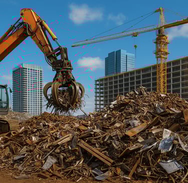  Excavator lifting scrap metal at a recycling yard with cranes and urban buildings under constructio