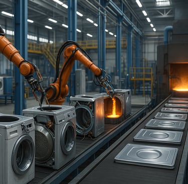 Robotic arms recycle old washing machines into new metal panels.