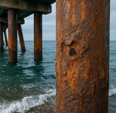 Rusted steel pier pilings in seawater with waves and cloudy sky.