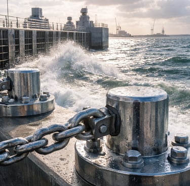 Stainless steel bollards & chain on a coastal seawall hit by waves and sea spray near a working port