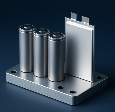 Cobalt-free cylindrical and solid-state batteries on a metallic platform with a dark blue background