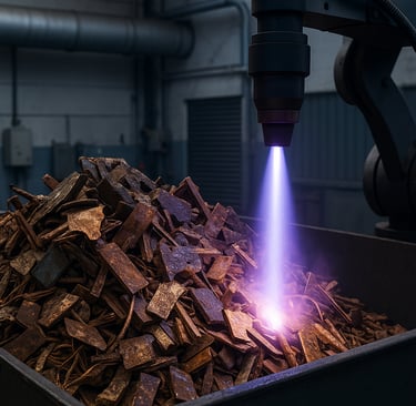 Plasma torch emitting purple beam onto copper scrap in an industrial setting.