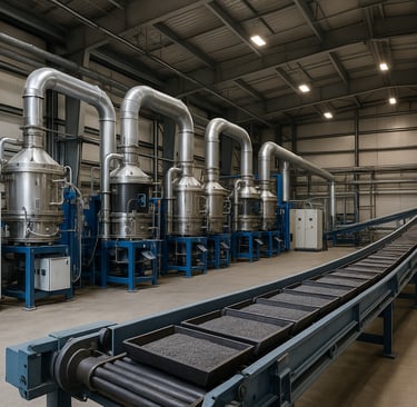 Industrial facility with plasma reactors and conveyor belts processing nickel materials.