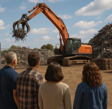 Four people watch an orange excavator lift scrap metal in a recycling yard.