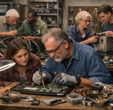 Volunteers repairing electronics and bicycles at a community repair clinic with sorted metal parts f