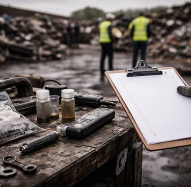 Scrapyard inspection scene with clipboard, sealed sample vials, PPE, and blurred scrap piles in back