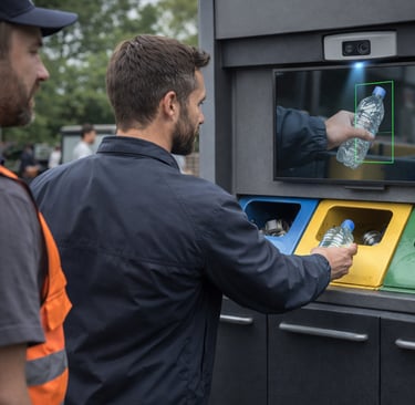 Resident using a smart recycling drop-off station while a staff member oversees AI-assisted sorting.