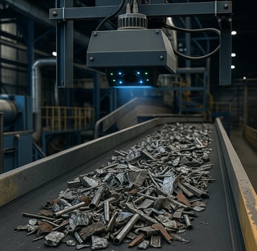Conveyor belt with metal scrap under an overhead computer vision camera in a recycling facility.